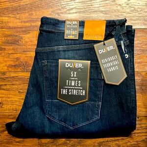DUER men’s five-pocket stretch blue jeans, size 38 x 32 — NEVER WORN NWT